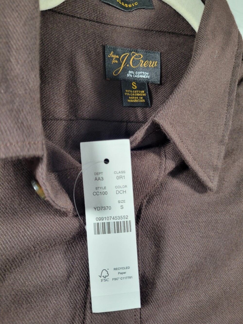 J Crew Cotton-cashmere blend shirt CC100 Size S Chocolate Brown NEW - Picture 6 of 7